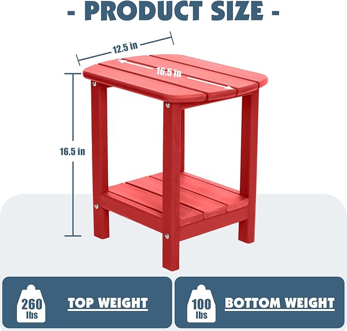 Adirondack Outdoor Side Table, 16.5” HDPE Small Patio Table with Storage Shelf, Weather Resistant End Table for Porch, Pool & Yard (Red)
