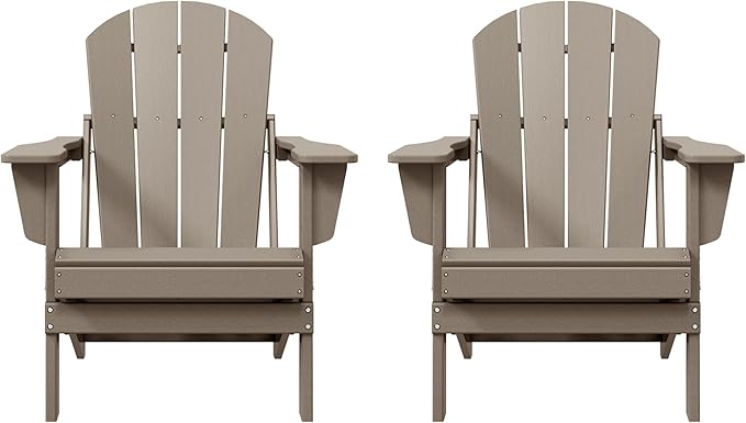 Costaelm Folding Patio Chairs Set of 2, Hdpe Adirondack Chairs Front Porch Furniture Outdoor Seating, All Weather Tanning Chair for Backyard Firepit Garden Lawn, Weathered Wood