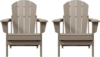 Costaelm Folding Patio Chairs Set of 2, Hdpe Adirondack Chairs Front Porch Furniture Outdoor Seating, All Weather Tanning Chair for Backyard Firepit Garden Lawn, Weathered Wood