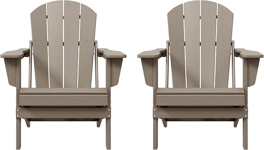 Costaelm Folding Patio Chairs Set of 2, Hdpe Adirondack Chairs Front Porch Furniture Outdoor Seating, All Weather Tanning Chair for Backyard Firepit Garden Lawn, Weathered Wood