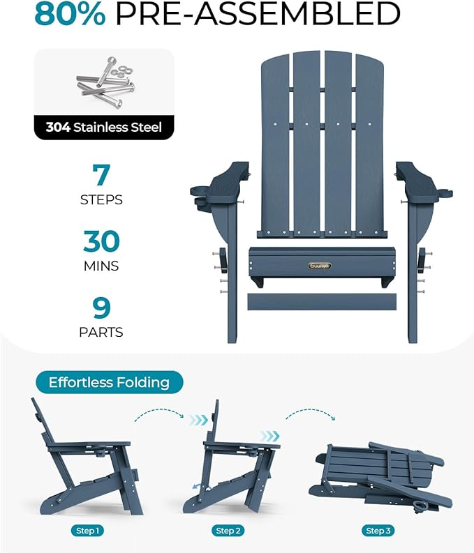 Folding Adirondack Chair 1 Pack, HDPE All-Weather Fire Pit Chairs, Plastic Adirondack Chairs with 2 Cup Holder, Outdoor Lawn Chair for Patio Garden (New Blue)