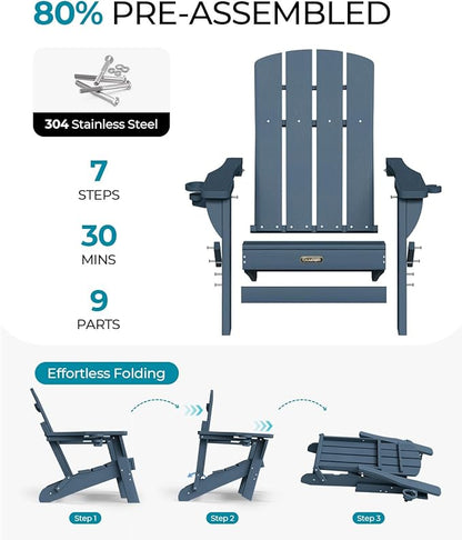 Folding Adirondack Chair 2 Pack, HDPE All-Weather Fire Pit Chairs, Plastic Adirondack Chairs with 2 Cup Holder, Outdoor Lawn Chair for Patio Garden (New Blue)