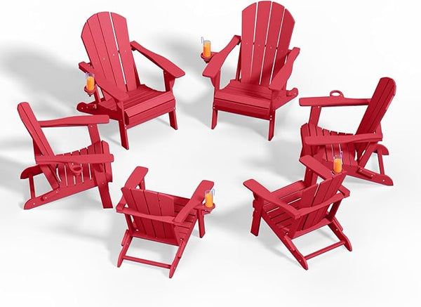 Folding Adirondack Chairs with Cup Holders, Set of 6 HDPE Plastic Outdoor Chairs, Weather Resistant, Real Wood Look - Photo 1