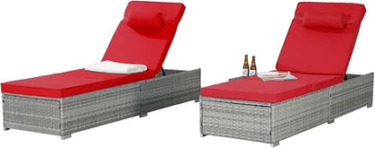 Outdoor Chairs Set of 2, Wicker Patio Furniture Chaise Lounge, Pool Lounge Chairs with Adjustable Backrest, Beach Rattan Recliners for Outside Poolside, Backyard, Garden & Tanning, Red 2