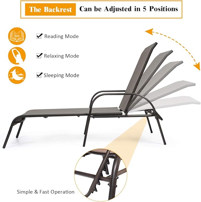 COSTWAY Outdoor Lounge Chairs Set of 2, Patio Chaise Lounge Recliner with Heavy Duty Steel Frame, 5-Position Adjustable Backrest for Deck, Beach, Pool (2, Brown)
