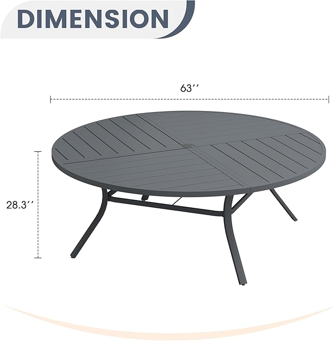 VICLLAX 63" Round Patio Dining Table for 8-10, All Weather Metal Outdoor Table with 1.57" Umbrella Hole and Surdy Frame for Garden Lawn Deck, Dark Grey