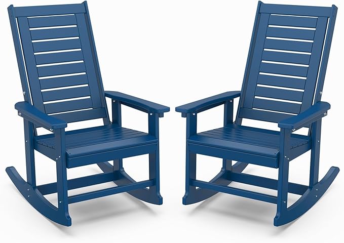 IVY&LANE Outdoor Rocking Chairs Set of 2 | Porch-Rockers | Blue | HDPE Plastic | All-Weather | High Back | Wide Seat | Oversized Patio Rocker for Adult | for Outside Deck Balcony Garden