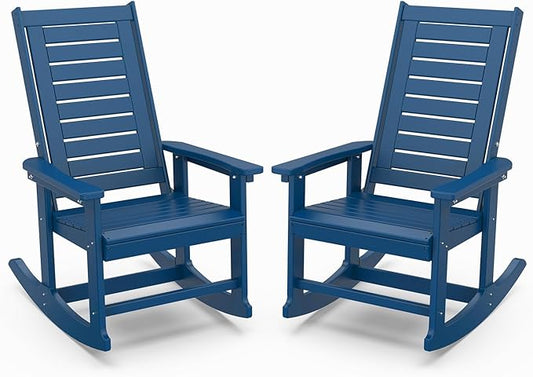 IVY&LANE Outdoor Rocking Chairs Set of 2 | Porch-Rockers | Blue | HDPE Plastic | All-Weather | High Back | Wide Seat | Oversized Patio Rocker for Adult | for Outside Deck Balcony Garden