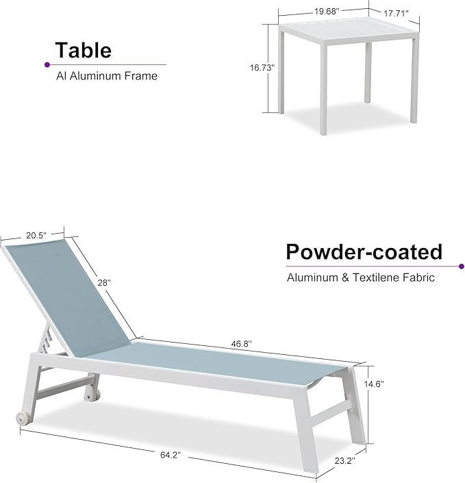 PURPLE LEAF Lounge Chair Outdoor Set of 2 White Aluminum Lounge Chair with Wheels and Table Outdoor Chaise Lounges for Patio Pool Yard, Steel Blue