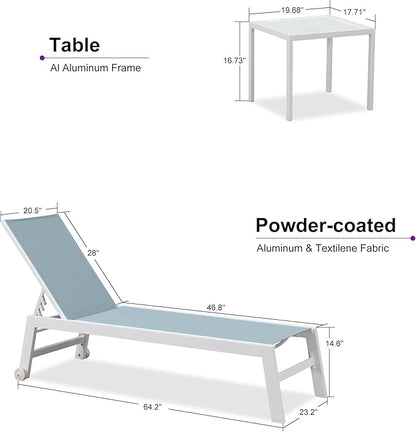 PURPLE LEAF Lounge Chair Outdoor Set of 2 White Aluminum Lounge Chair with Wheels and Table Outdoor Chaise Lounges for Patio Pool Yard, Steel Blue