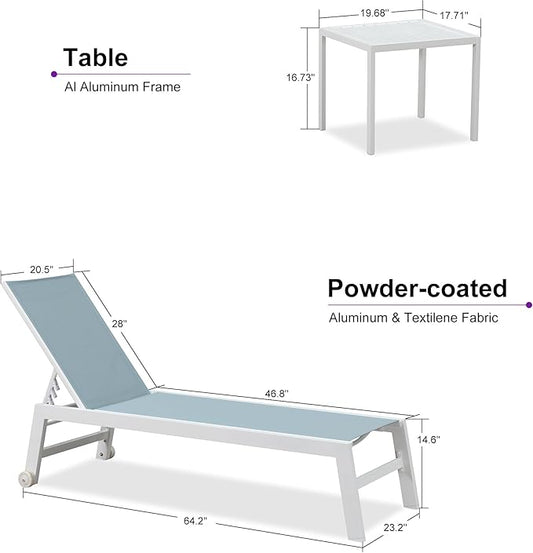 PURPLE LEAF Lounge Chair Outdoor Set of 2 White Aluminum Lounge Chair with Wheels and Table Outdoor Chaise Lounges for Patio Pool Yard, Steel Blue