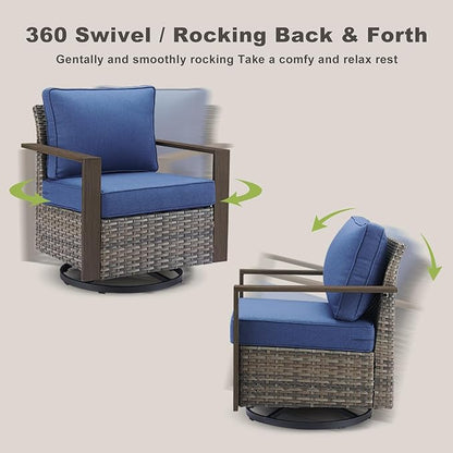 Rilyson Outdoor Wicker Patio Furniture Set - 7 Piece Patio Conversation Set with 4 Wicker Swivel Rocker Chairs,2 Rattan Ottoman and 1 Couch,Thick Cushions,Deep Seating,Wide Armrest(Mixed Grey/Blue)