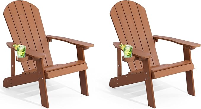 Adirondack Chairs Set of 2, All Weather Resistant Plastic Chairs with Cup Holder, 5 Easy Steps to Install, Outdoor Chairs for Patio, Garden, Backyard Deck, Lawn, Fire Pit - Teak