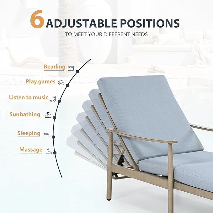 HAPPATIO Outdoor Chaise Lounge Chair Set of 2, Aluminum Pool Chair with Adjustable Backrest and Cushion, Curved Armrest - Photo 3