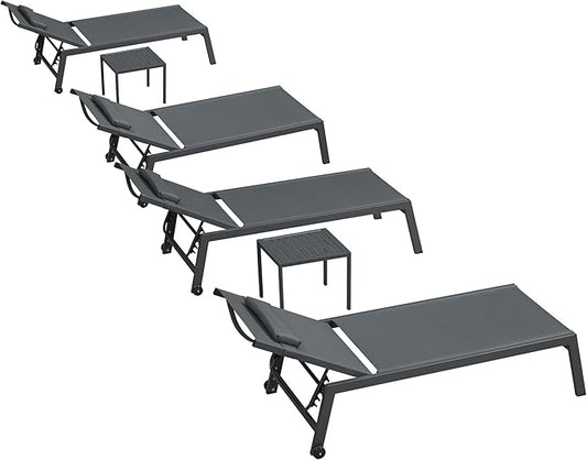 PURPLE LEAF Outdoor Oversized Lounge Chair Set Patio Chaise Pool Lounger Aluminum Frame with 2 Side Table and Wheels for Outside Sunbathing Tanning Recliner Including Pillows Gray