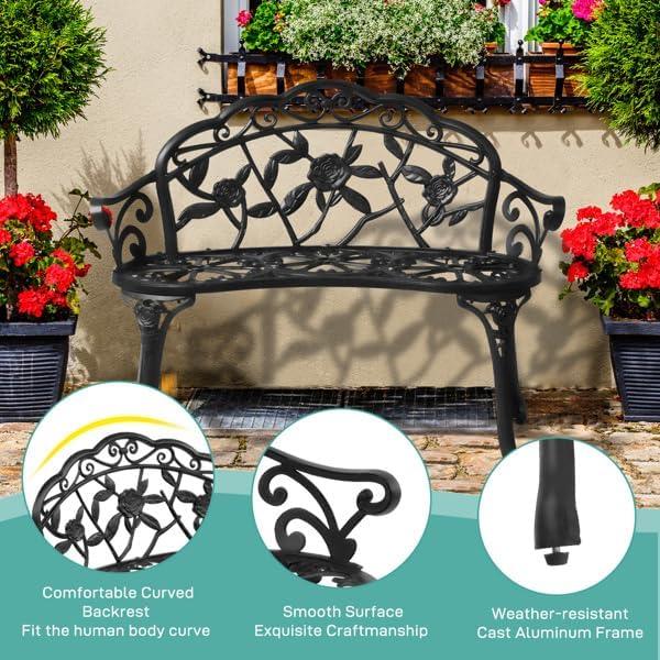 Patio Outdoor Park Loveseat Bench for Garden Porch Deck Made Cast Iron Anti-Rust Aluminum Metal, 2-3 Seater (38.5" Inch Aluminum Outdoor Rose Green Bench)