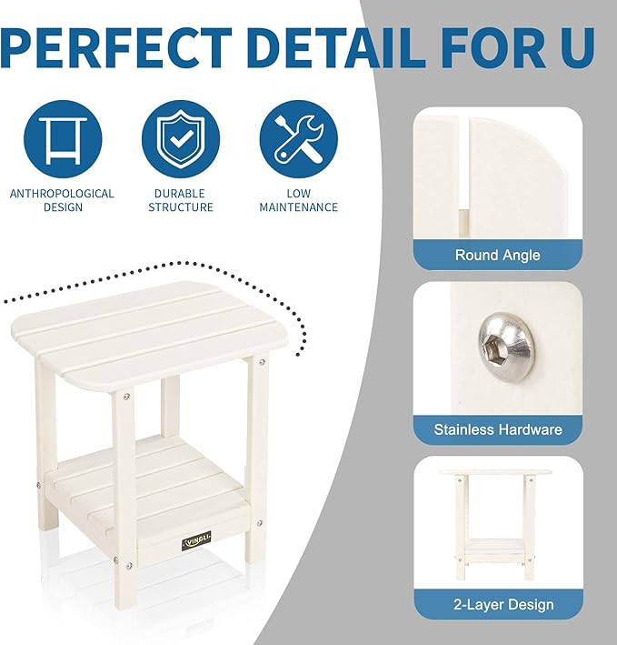 VINGLI HDPE Outdoor Side Table, Waterproof 2-Tier Patio Side Table End Tables for Patio Deck Porch Backyard Pool (White)