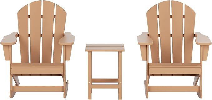 WO WESTIN OUTDOOR HDPE Laguna Outdoor Rocking Poly Adirondack Chair with Side Table 3-Piece Set, Teak