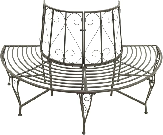 Silver Grey Steel Half-Round Tree Bench Outdoor Seating for Garden Patio Park Durable Waterproof Metal 3-Person Comfortable Relaxation Spacious Design