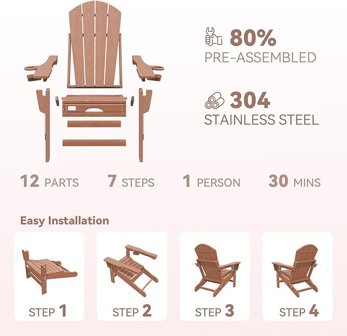 Mdeam Folding Adirondack Chair with 3-Level Adjustable Backrest, Weather-Resistant, 2 Cup Holders, Retractable Ottoman, Perfect for Patio, Garden, Backyard, Lawn, and Outdoor Use (Teak)