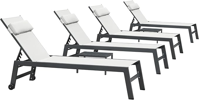 PURPLE LEAF Outdoor Lounge Chair Set Patio Chaise Pool Lounger Aluminum Frame with 2 Side Table and Wheels for Outside - Photo 1