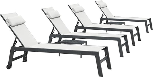 PURPLE LEAF Outdoor Lounge Chair Set Patio Chaise Pool Lounger Aluminum Frame with 2 Side Table and Wheels for Outside Sunbathing Tanning Recliner Including Pillows White