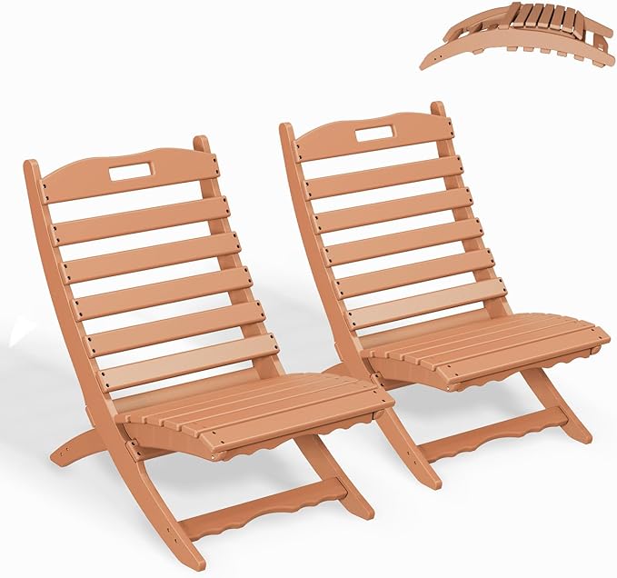 GREENVINES Folding-Xavier-Chairs Set of 2 | Wave | Portable Adirondack-Chair | HDPE Plastic | All Weather Fire-Pit Chair | Teak | for Beach Outdoor Deck Poolside Garden Patio Porch Fishing