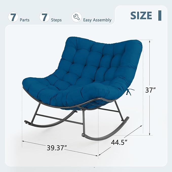 Cushioned Papasan Rocking Chair for Outdoor Indoor, Oversized Outdoor Rocking Chair with Cushion, Egg Rocker for Patio, Porch, Balcony, Lawn, Bedroom, Living Room, Navy Blue
