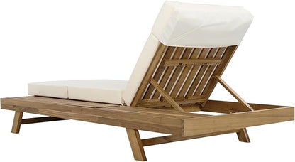 Christopher Knight Home Dami Chaise Lounge Chair Outdoor with 4'' Foldable Cushion, Acacia Wood Poolside Sun Lounger, Space Available On One Side, Adjustable Backrest Pool Lounger, Light Brown+Beige