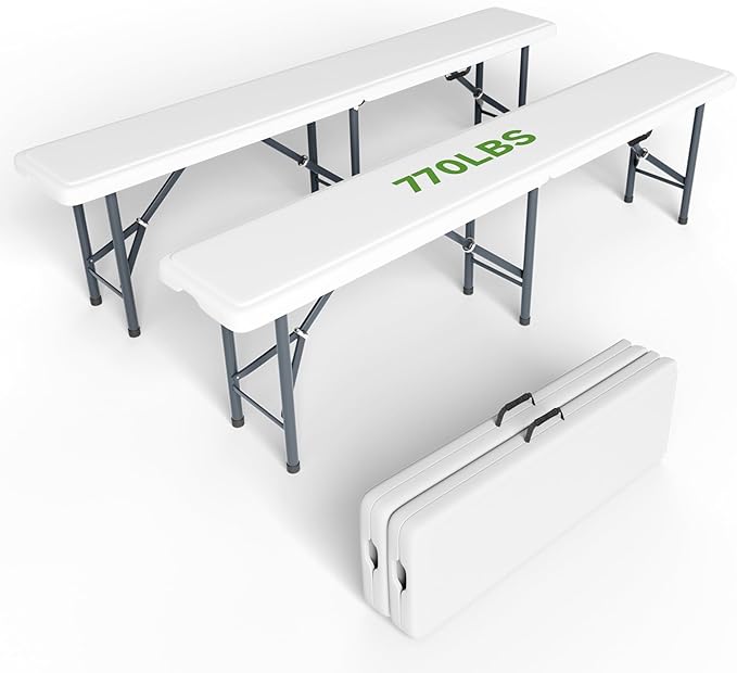 6FT Folding Bench - Heavy Duty 770lbs Capacity, Safety Locking Button & Wider Carrying Handle, Foldable Portable Bench for Outdoor, Picnic, Storage, Camping - White, 2 Pack