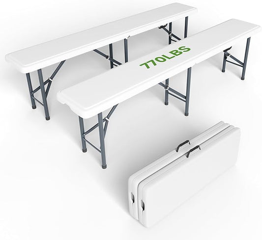 6FT Folding Bench - Heavy Duty 770lbs Capacity, Safety Locking Button & Wider Carrying Handle, Foldable Portable Bench for Outdoor, Picnic, Storage, Camping - White, 2 Pack