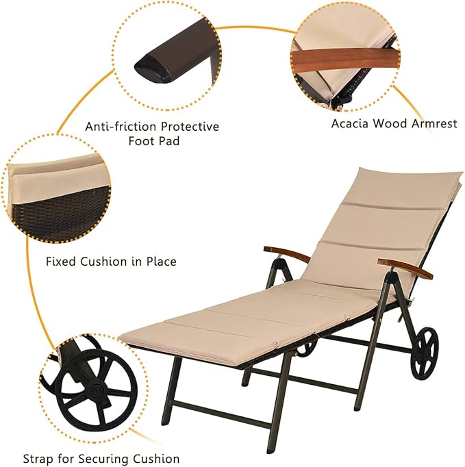 Tangkula Foldable Lounge Chair Outdoor, Wicker Chaise Lounge with Aluminum Frame - Photo 9