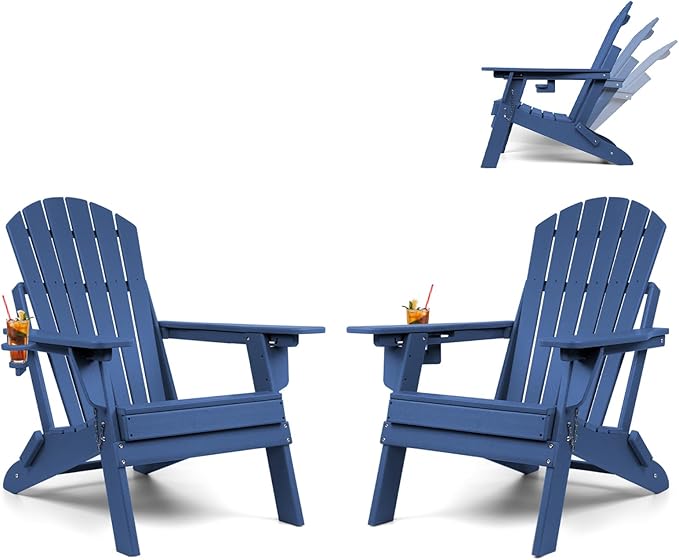 FUNBERRY Adjustable Folding Adirondack Chairs Set of 2, HDPE All Weather Fire Pit Chairs with Cup Holder