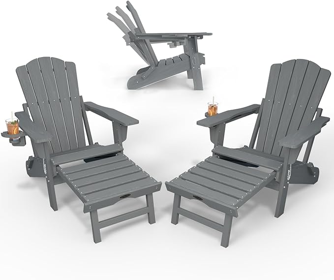 Adjustable Adirondack Chairs with Retractable Ottoman Set of 2, HDEP Folding Adirondack Chair with Footrest & Cup Holder, All Weather Fire Pit Chair for Outdoor,Grey