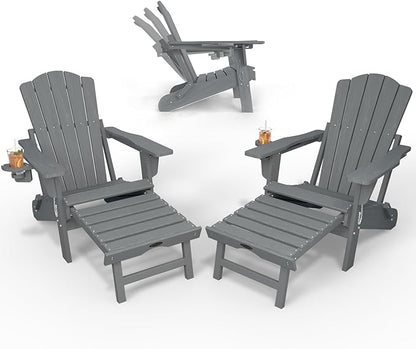 Adjustable Adirondack Chairs with Retractable Ottoman Set of 2, HDEP Folding Adirondack Chair with Footrest & Cup Holder, All Weather Fire Pit Chair for Outdoor,Grey