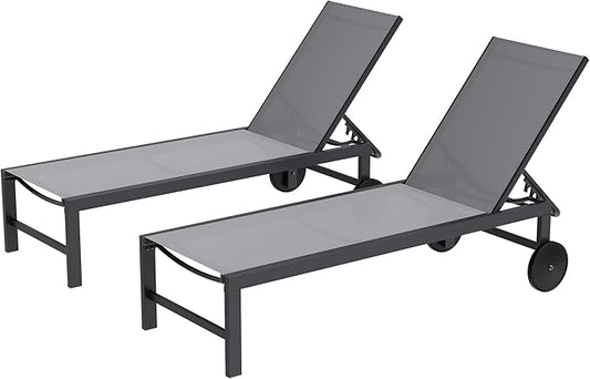 Shintenchi 2 PCS Outdoor Chaise Lounges Chair with Wheels Aluminum Reclining Patio Lounge Chairs with 5 Adjustable Position Recliner for Patio, Beach, Yard, Pool Patio Furniture Set,Light Grey