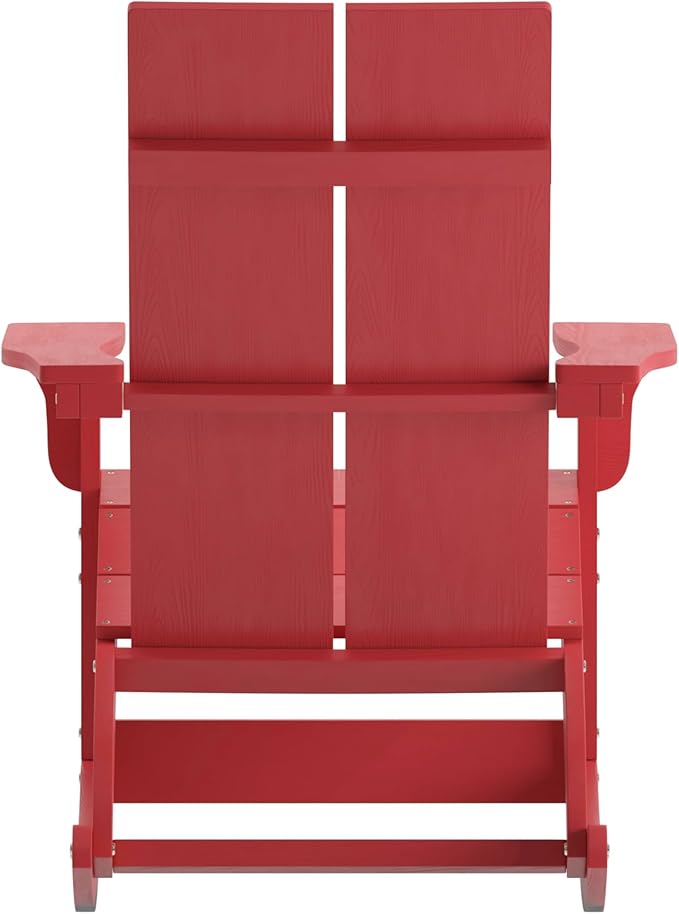 Flash Furniture Finn Modern Commercial Poly Resin Wood Adirondack Rocking Chair - All Weather Red Polystyrene - Dual Slat Back - Stainless Steel Hardware - Set of 2