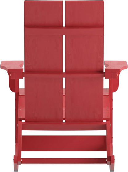 Flash Furniture Finn Modern Commercial Poly Resin Wood Adirondack Rocking Chair - All Weather Red Polystyrene - Dual Slat Back - Stainless Steel Hardware - Set of 2