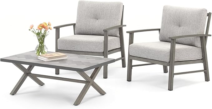 Aluminum Patio Furniture Set, 3 Pieces Outdoor Patio Bistro Set with Washable Thick Cushions, All Weather Outdoor Conversation Sets with Coffee Table for Backyard, Balcony, Lawn, Limed Oak