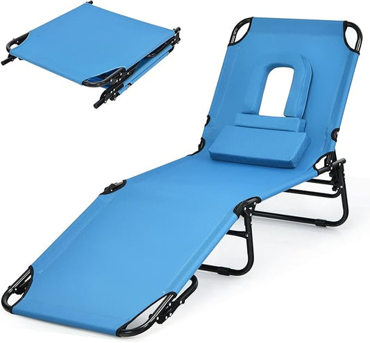 Folding Beach Lounge Chair w/ 5 Adjutable Backrest & Padded Pillow, Sunbathing Lounger Chair, Sun Tanning Lay Flat Chair for Seaside Pool Deck, Max Load 330 LBS, No Assembly Required (Blue)