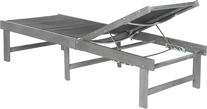 SAFAVIEH Outdoor Collection Manteca Ash Grey Solid Wood/Dark Grey Texline Fabric Adjustable Chaise Lounge Chair (PAT6708B)