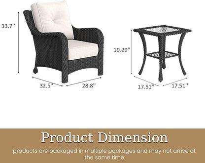 3 Piece Patio Furniture Set, All-Weather Wicker Outdoor Conversation Set with Rattan Chair and 6 Inch Thick Cushions
