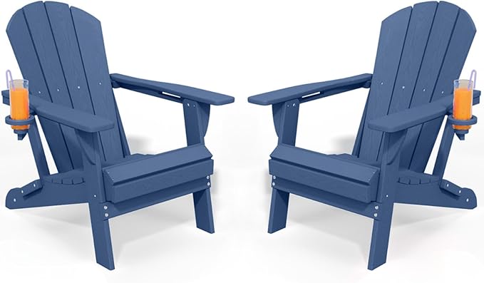 Foldable Adirondack Chair with Cup Holder-Heavy Duty Recycled HDPE Outdoor Patio Furniture, Weather Resistant Deck Lawn Fire Pit Chair (Navy, 2 Chair)