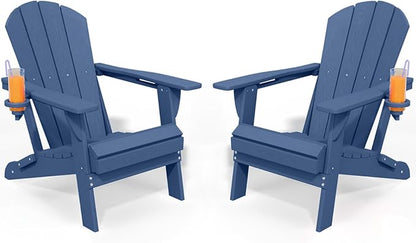 Foldable Adirondack Chair with Cup Holder-Heavy Duty Recycled HDPE Outdoor Patio Furniture, Weather Resistant Deck Lawn Fire Pit Chair (Navy, 2 Chair)