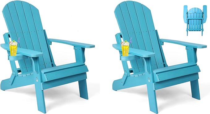 Folding Adirondack Chairs Set of 2, All Weather Resistant Plastic Chairs with Cup Holder, Fold or Unfold Easily in 1 Second, Outdoor Chairs for Patio, Garden, Backyard Deck, Lawn Fire Pit(Lake Blue)