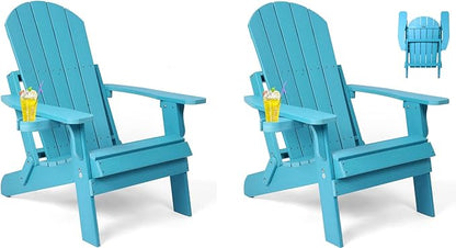 Folding Adirondack Chairs Set of 2, All Weather Resistant Plastic Chairs with Cup Holder, Fold or Unfold Easily in 1 Second, Outdoor Chairs for Patio, Garden, Backyard Deck, Lawn Fire Pit(Lake Blue)