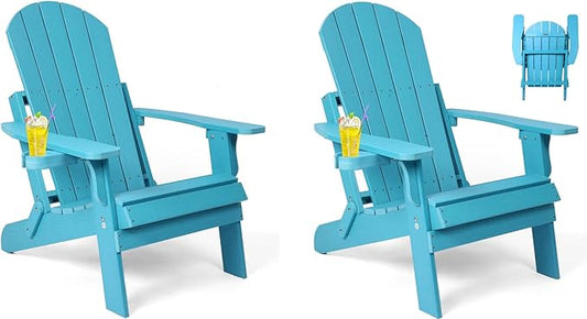 Folding Adirondack Chairs Set of 2, All Weather Resistant Plastic Chairs with Cup Holder, Fold or Unfold Easily in 1 Second, Outdoor Chairs for Patio, Garden, Backyard Deck, Lawn Fire Pit(Lake Blue)