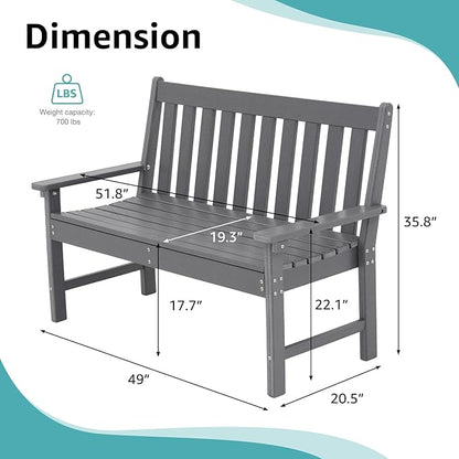 COBANA Outdoor Garden Bench, All Weather HDPE Patio Porch Bench with Faux Wood Grain Pattern, 2-Person Seat for Lawn, Park, Backyard, Entryway, Dark Gray