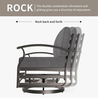 Gotland Outdoor Aluminum Patio Furniture Set with Fire Pit Table, 7 Pieces Metal Patio Furniture with 2 Swivel Rocking Chairs 11 Seats Waterproof 5.1'' Seat Cushions, for Garden Balcony Porch Gray