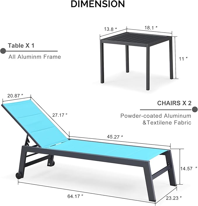 PURPLE LEAF Outdoor Chaise Lounge Set of 2 Aluminum Patio Lounge Chair with Wheels and Side Table Pool Chaise Lounge Chair for Outdoor Backyard Poolside Turquoise Blue